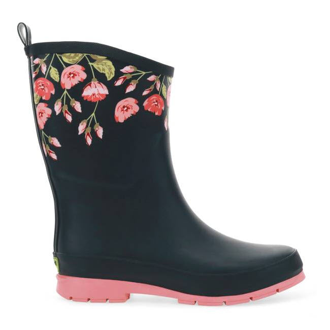 Floral-patterned black waterproof rubber boot with pink sole from Western Chief Women&#39;s Rain Boots.

Floral-patterned black waterproof rubber boot with pink sole from Western Chief Mid Rainboot Rose Garden - Womens.
