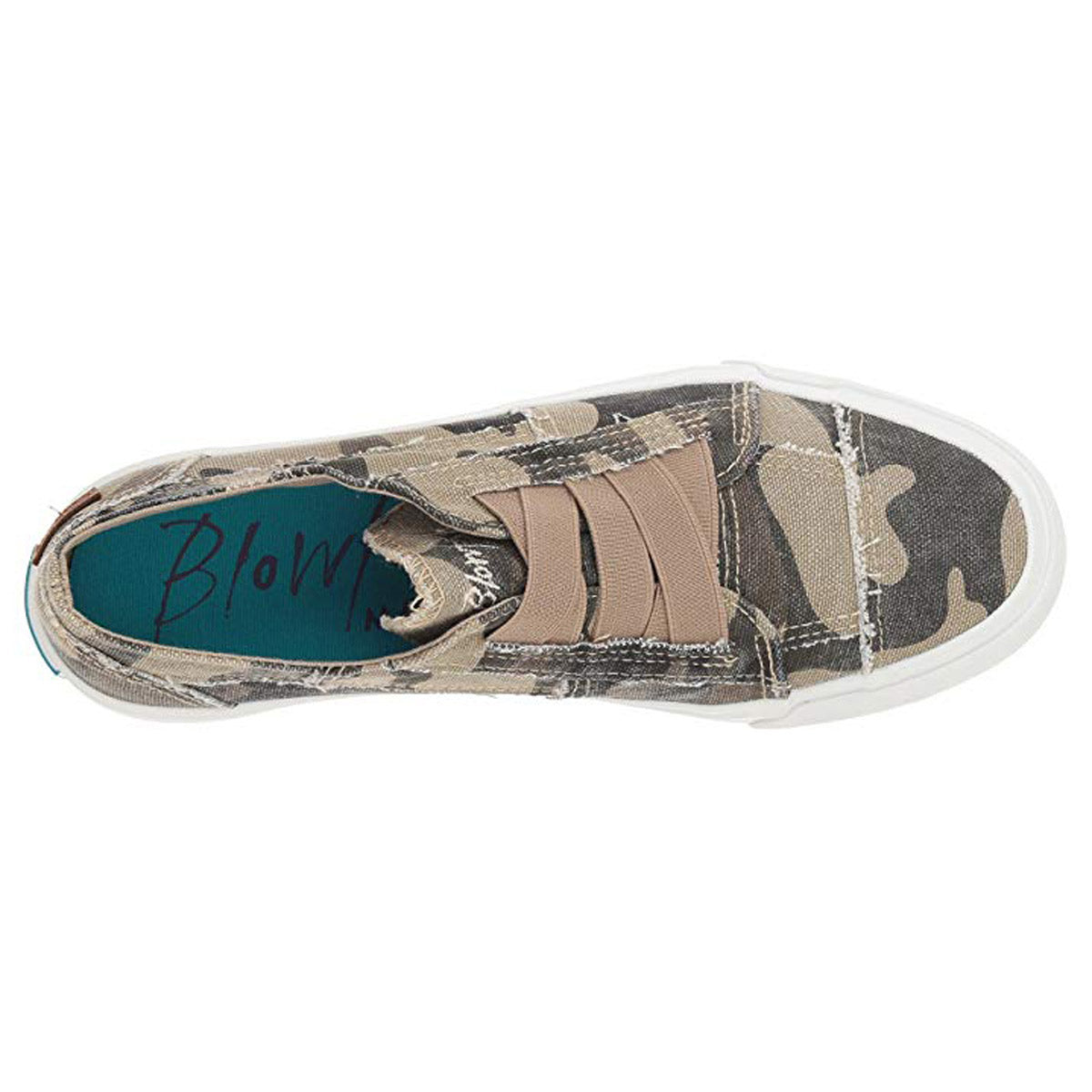 Blowfish Vegan slip-on shoe with a camouflage pattern, elastic side accents, and a blue insole.