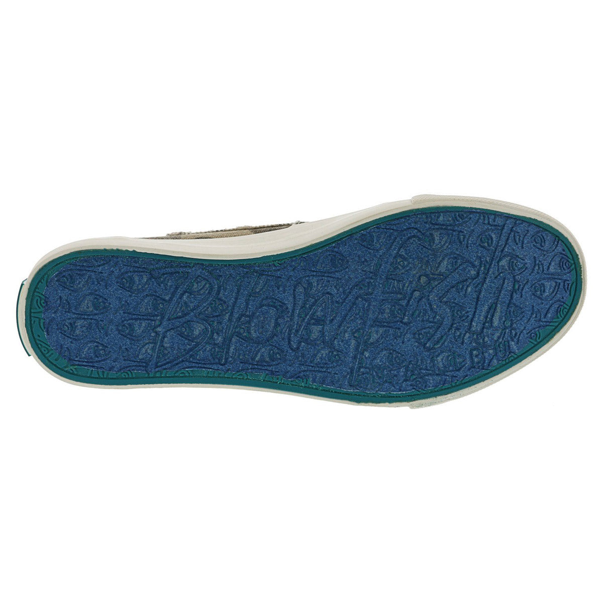 A Blowfish women&#39;s shoe with a blue sole showing tread patterns.