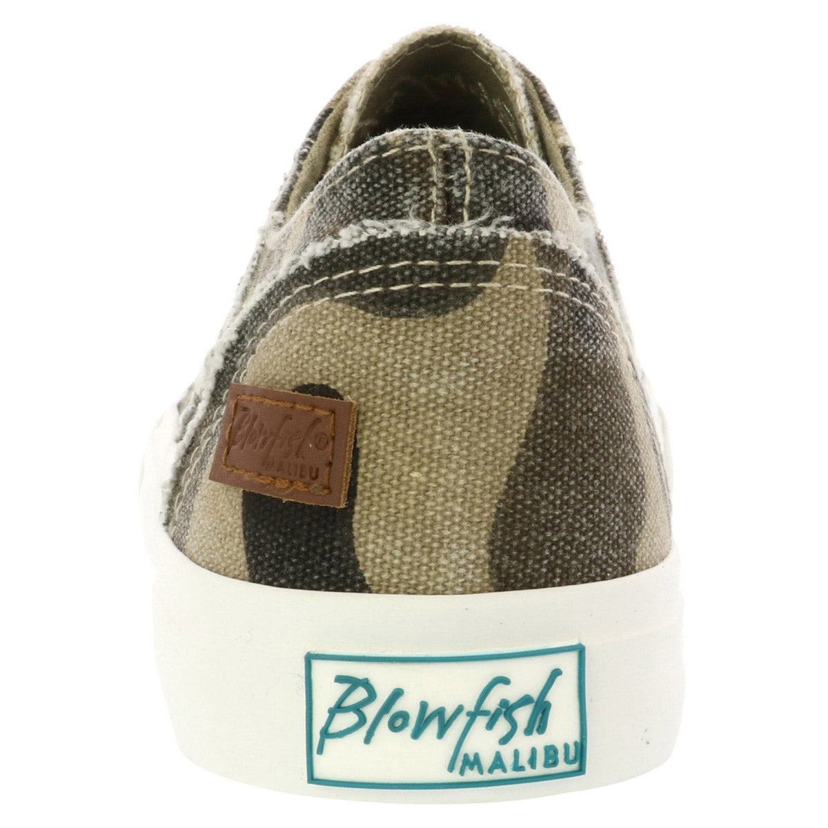 Rear view of a women&#39;s Blowfish canvas shoe with &quot;Blowfish&quot; branding on the heel.