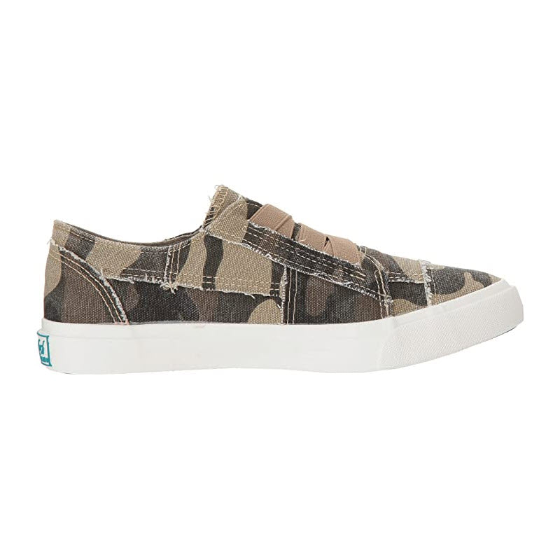 A side view of a Blowfish Marley Natural Camoflauge Canvas slip-on women&#39;s shoe with a white sole.