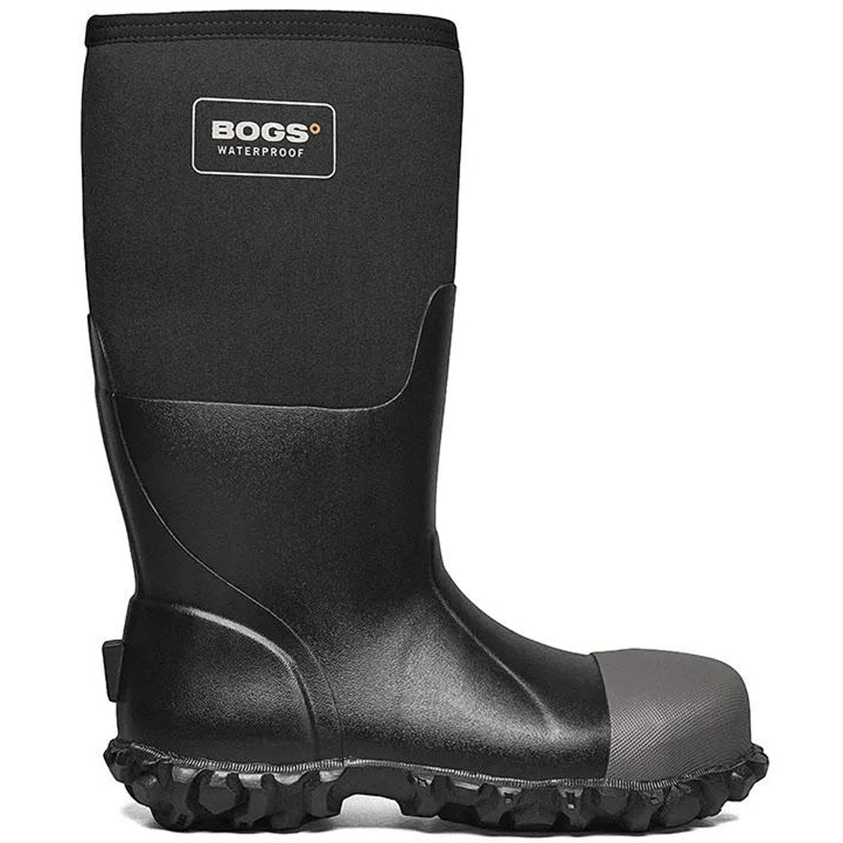 Black waterproof boot by BOGS STEEL TOE MESA - MENS with neoprene upper, steel toe protection, and sturdy treaded sole.