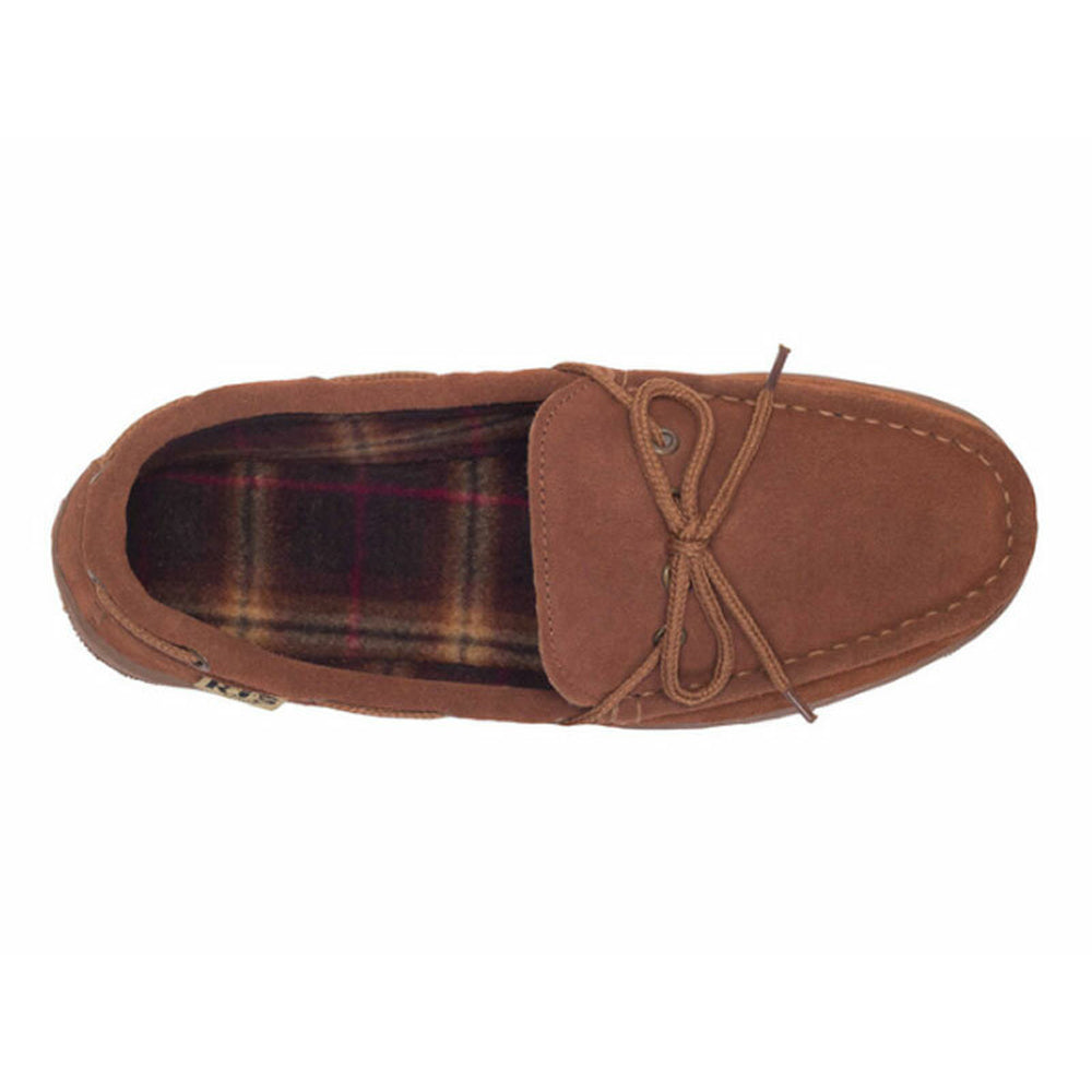 Top view of a single brown Cloud Nine Unlined Moc Wheat - Mens with plaid interior.