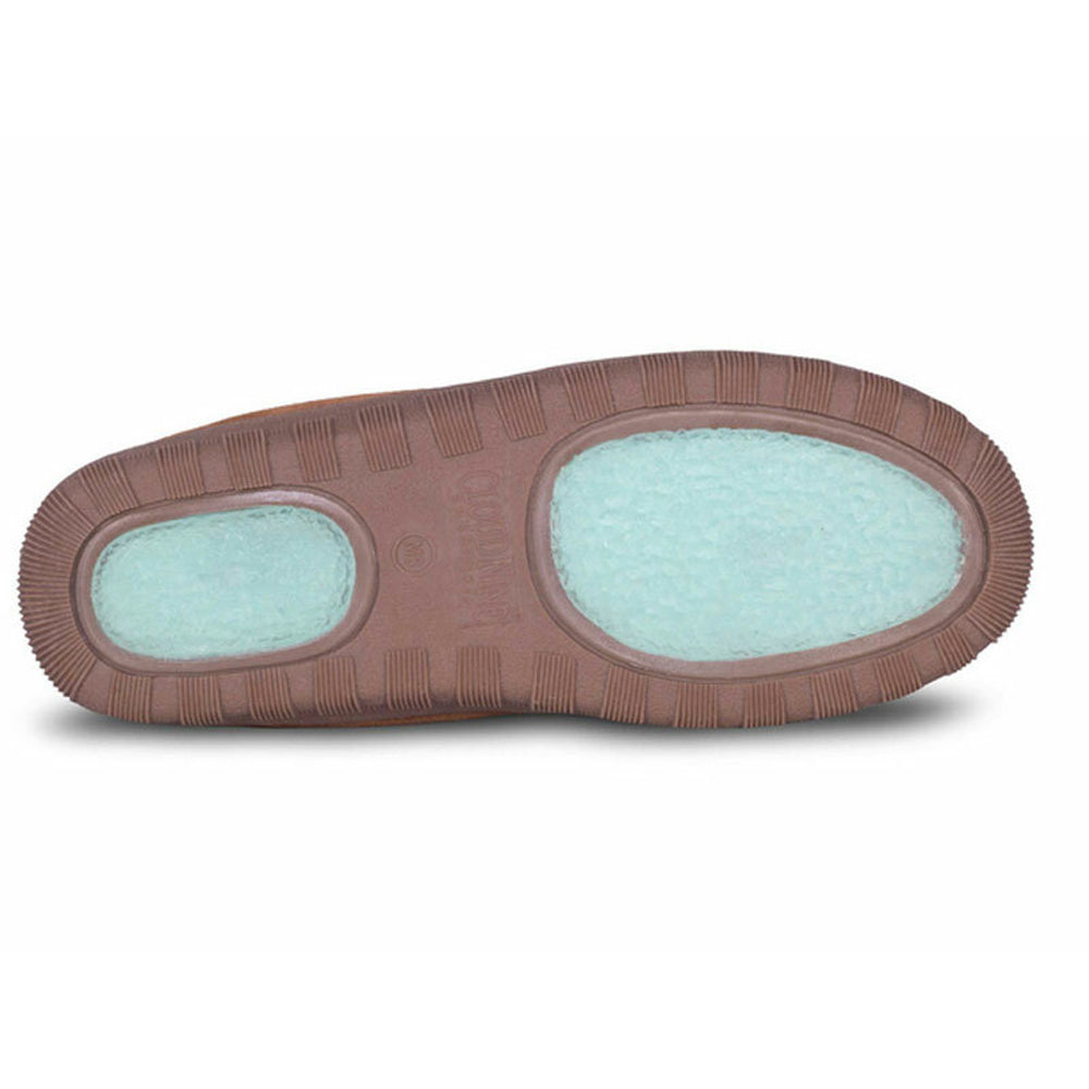 Sole of a brown Cloud Nine Unlined Moc Wheat with cushioning pads.