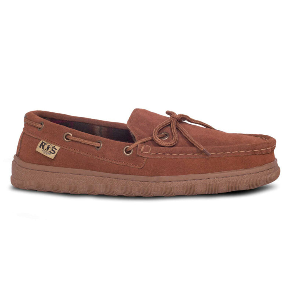 Men’s casual brown suede Cloud Nine Unlined Moc boat shoe with sheepskin lining on a white background.