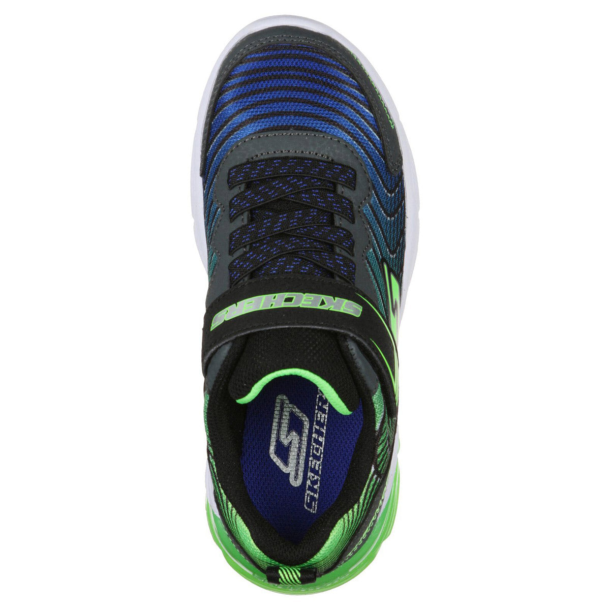 Top-down view of a blue and black Skechers ThermoFlux 2.0 Magnoid - Kids running shoe with green accents.