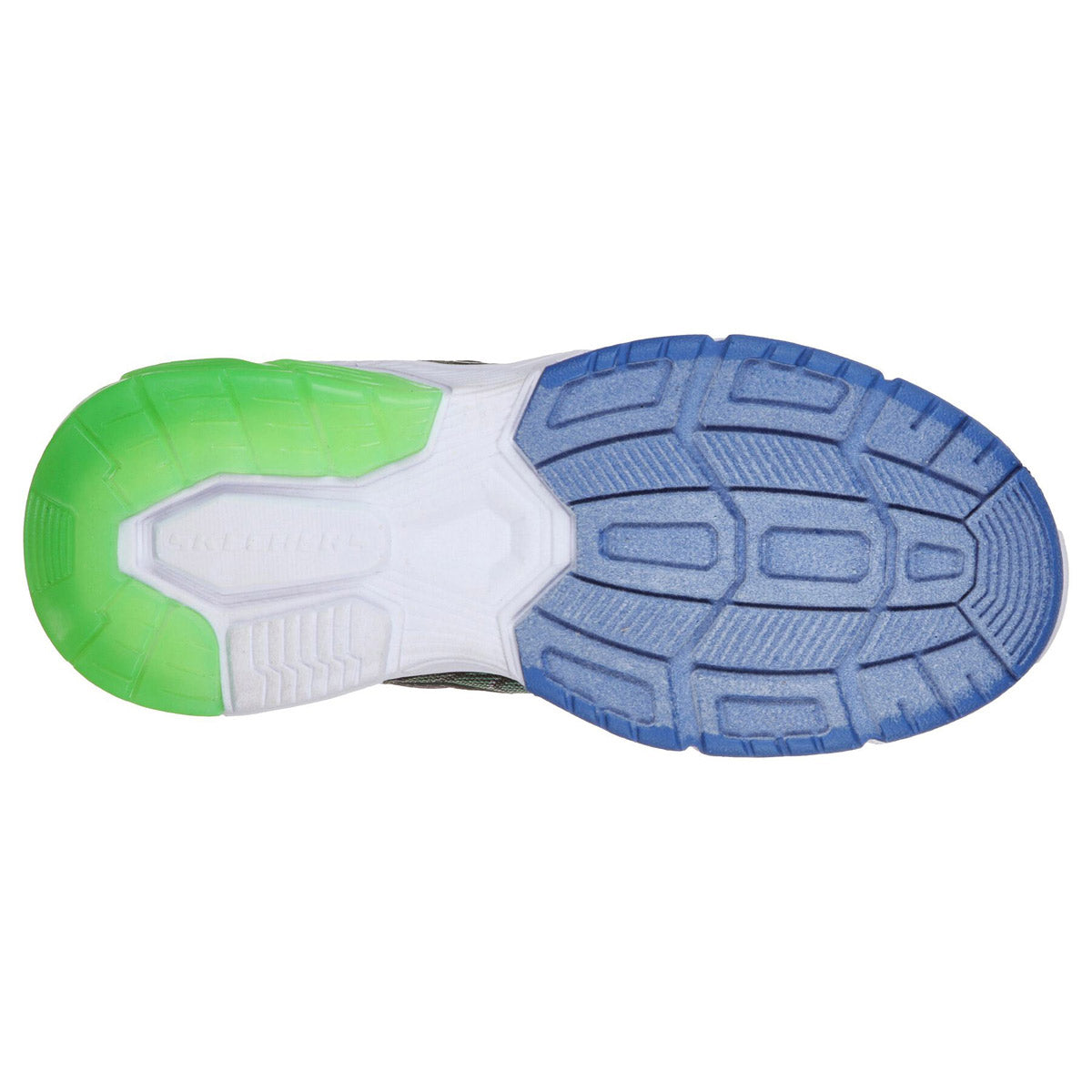 A close-up image of the sole of a Skechers ThermoFlux 2.0 MagNOID - Kids sporty training sneaker, showcasing a tri-color tread pattern with blue, green, and white sections.