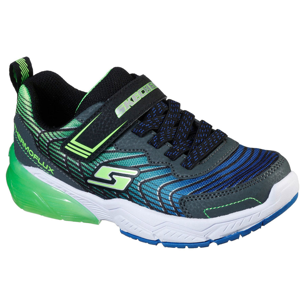 A single Skechers Thermoflux 2.0 Magnoid kid&#39;s shoe in black and blue, featuring neon green accents and white soles, designed as a sporty training sneaker.