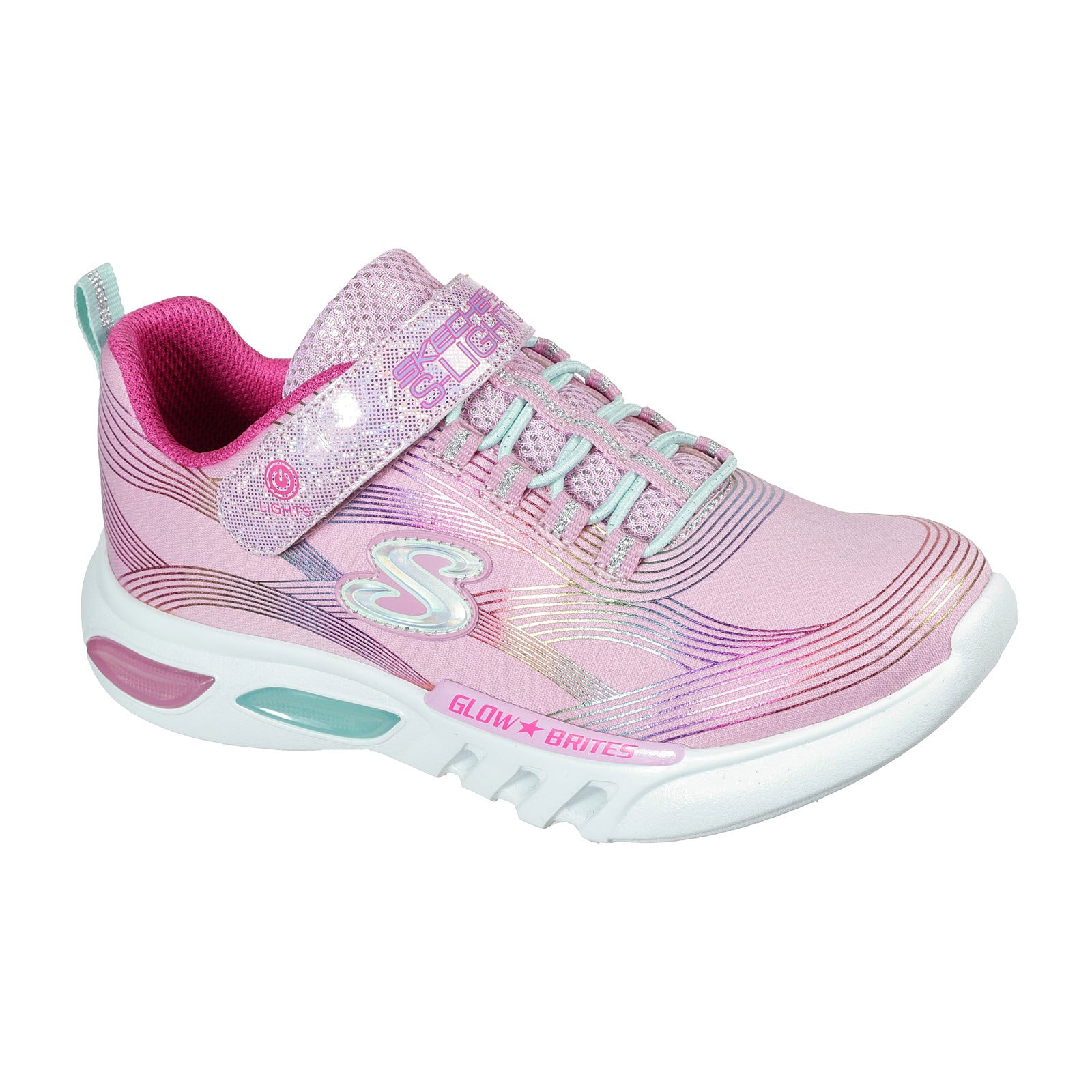 Children's multicolored Skechers Glow-Brites Pink Multi sneaker with light-up features and velcro strap.
