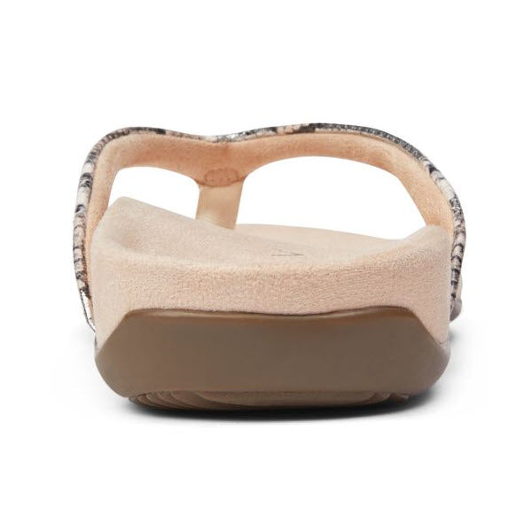 Rear view of a beige Vionic Dillion Lizard Silver Boa sandal with orthotic footbed and textured edges.