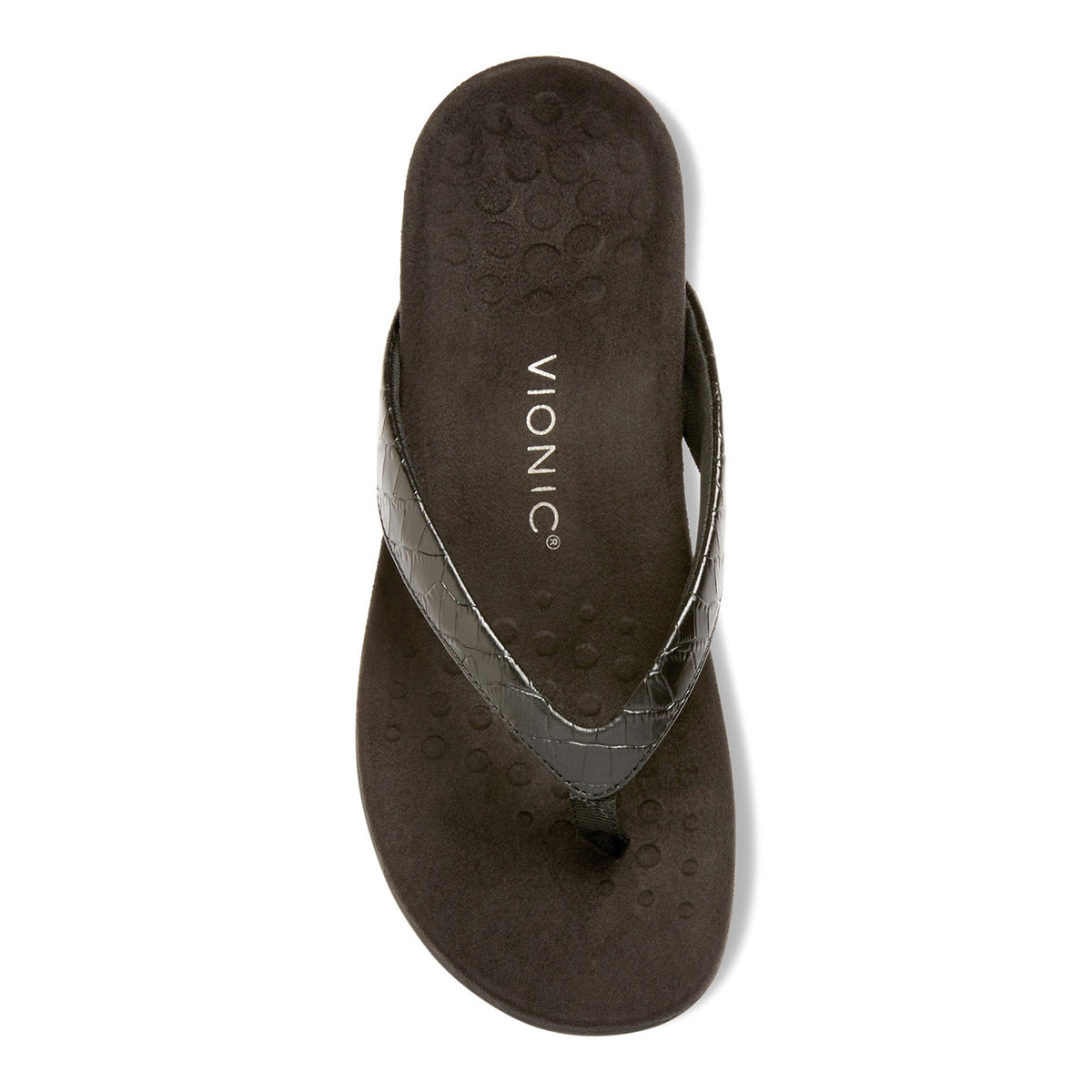 A single VIONIC DILLON BLACK CROCO sandal with a dark sole and crisscrossed straps, featuring an orthotic footbed, photographed from above on a white background.