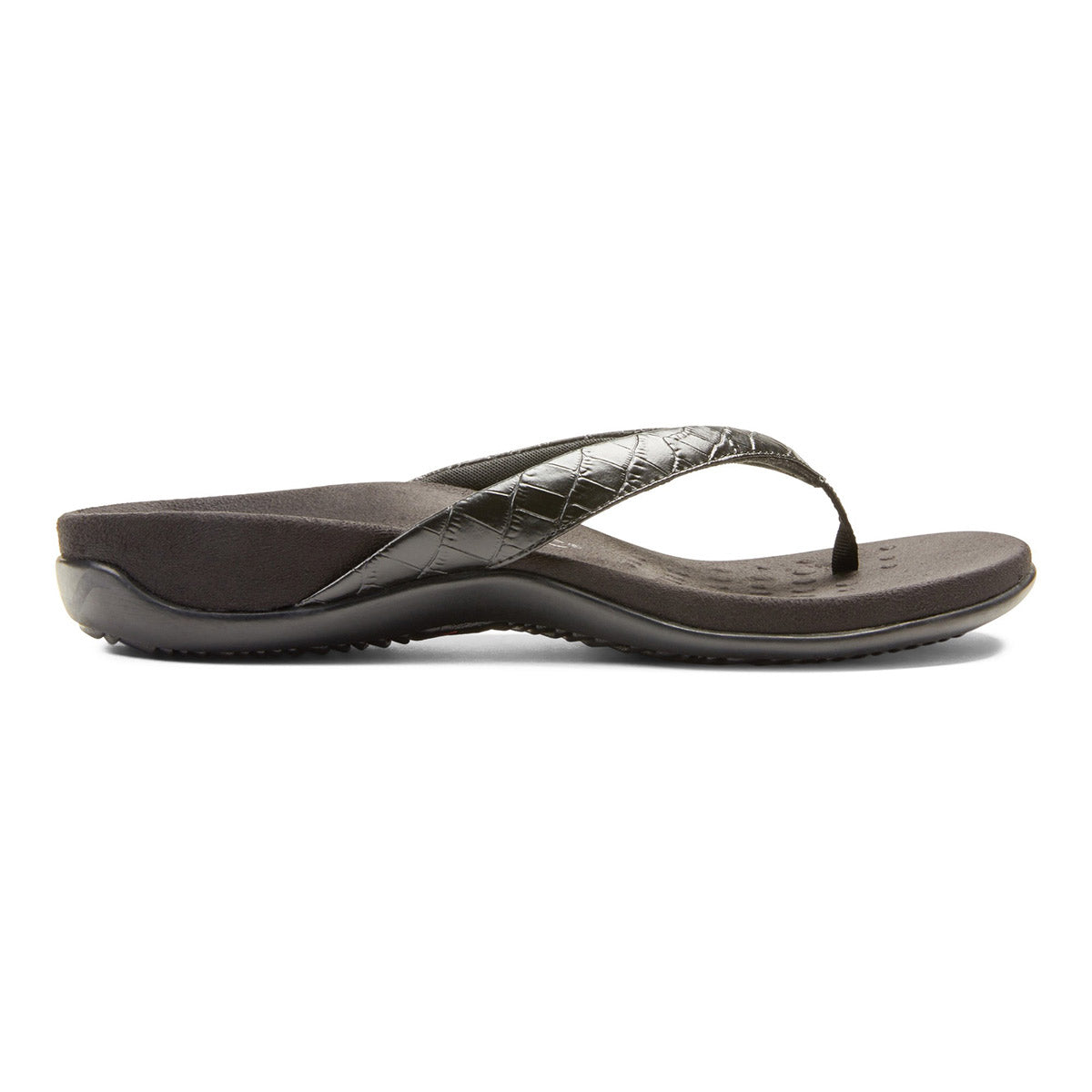 A single black VIONIC DILLON BLACK CROCO sandal with a patterned strap on a white background, featuring an orthotic footbed and Vio-Motion Support.