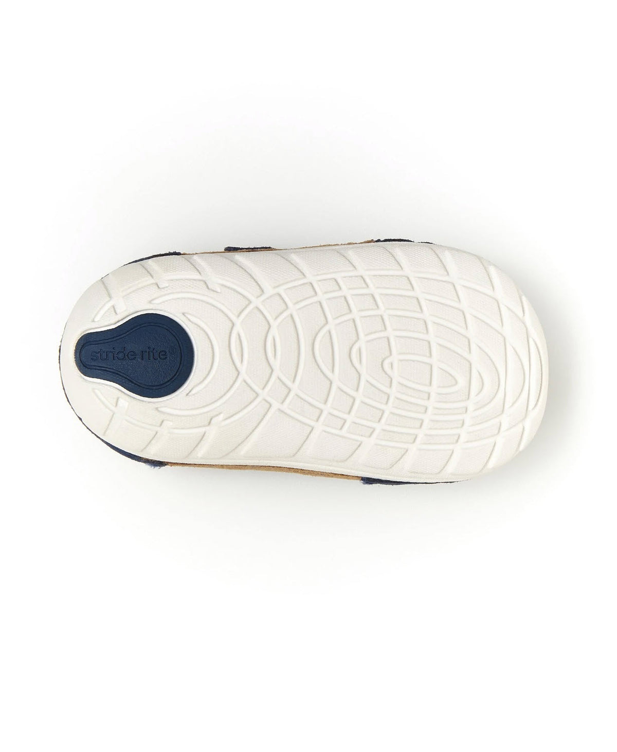 Bottom view of a Stride Rite Soft Motion Mason Navy/Truffle - Toddler shoe with a patterned tread and a label reading &quot;striderite.