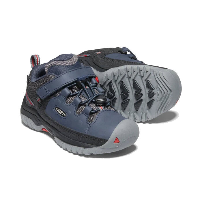 A pair of Keen Targhee Low Waterproof Blue kids hiking shoes on a white background.