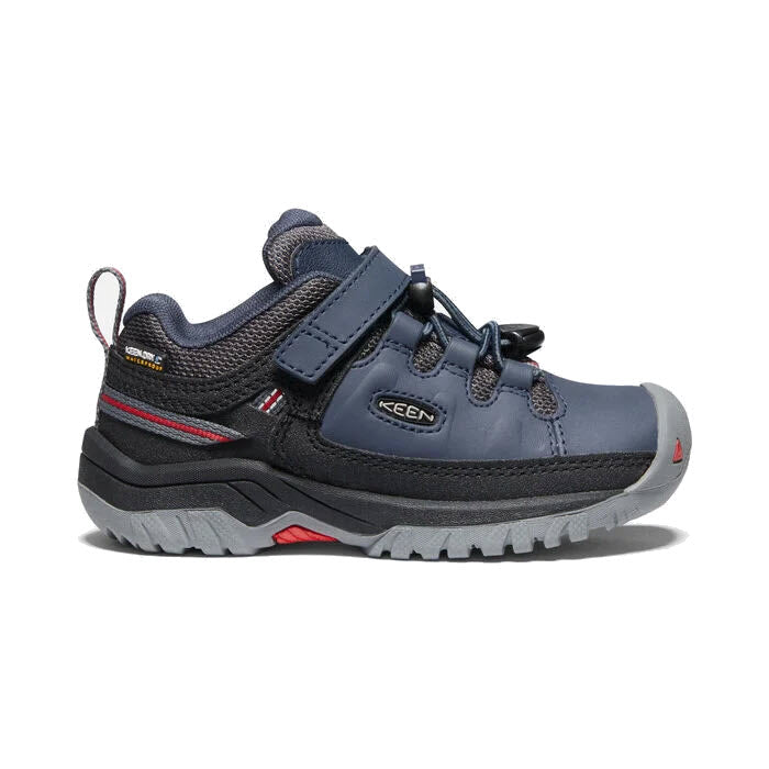 A single Keen Targhee Low Waterproof Blue kid&#39;s hiking shoe with velcro strap, rugged sole, and breathable mesh lining.
