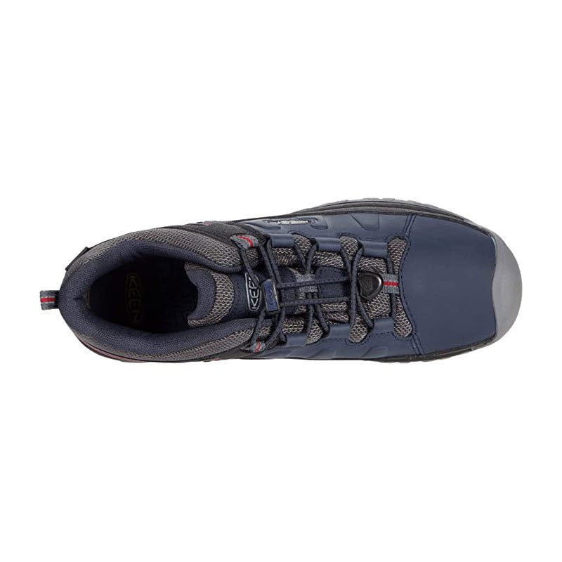 Top view of a single Keen Targhee Low Waterproof Blue - Kids hiking shoe with laces.