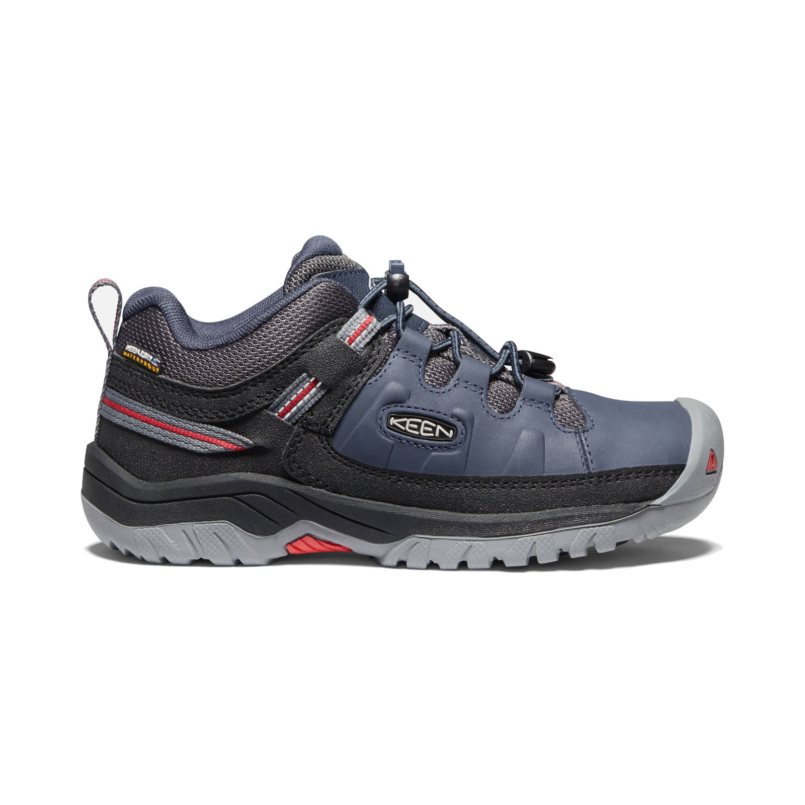 A single Keen Targhee Low Waterproof Blue kids hiking shoe displayed against a white background.