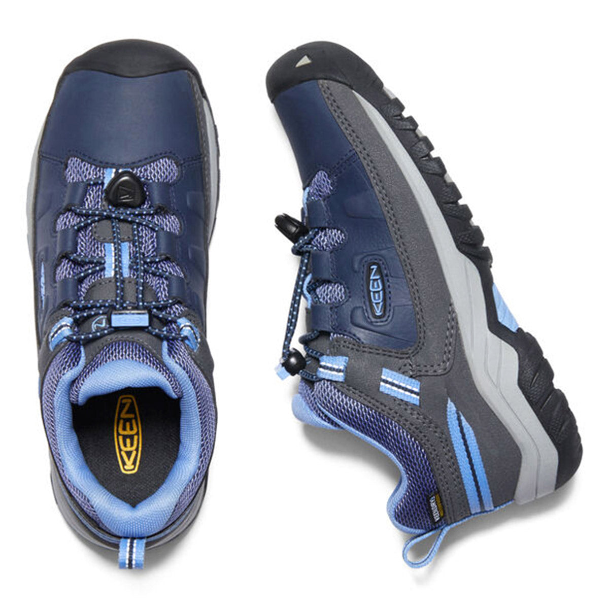A pair of Keen Targhee Low Waterproof Della Blue kid&#39;s hiking shoes viewed from above, highlighting the top and side profiles.