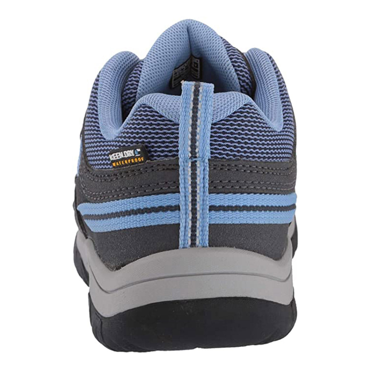 Rear view of a blue and gray athletic hiking shoe with a pull tab on the heel, designed as part of the Keen Targhee Low kid&#39;s collection.