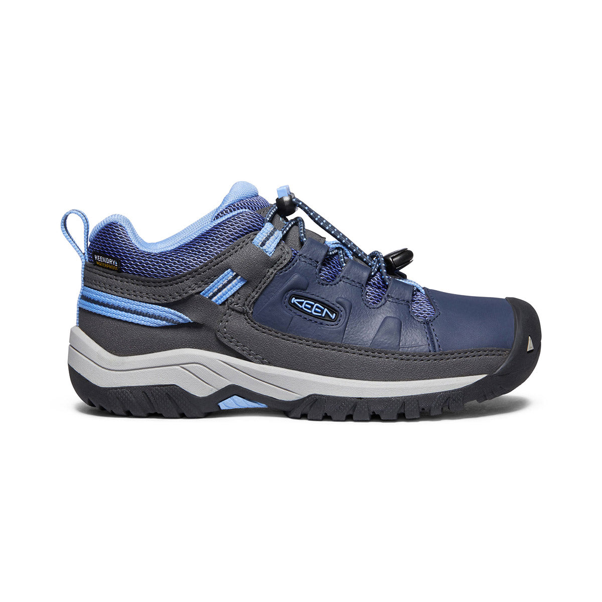 A single blue and gray Keen Targhee Low kid&#39;s hiking shoe with bungee laces on a white background.