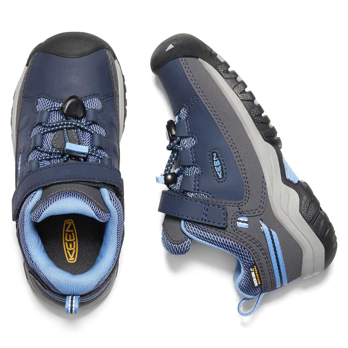 A pair of blue and gray Keen Targhee Low Waterproof Della Blue kid&#39;s hiking shoes viewed from above, featuring waterproof leather.