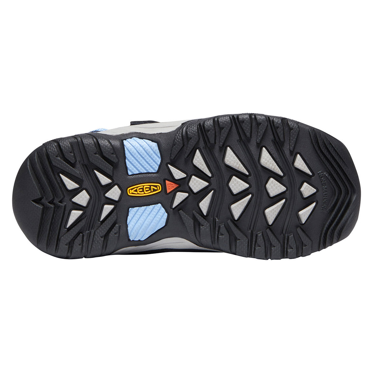 Tread pattern of a Keen Targhee Low Waterproof Della Blue kid&#39;s shoe sole with black, gray, and blue accents.