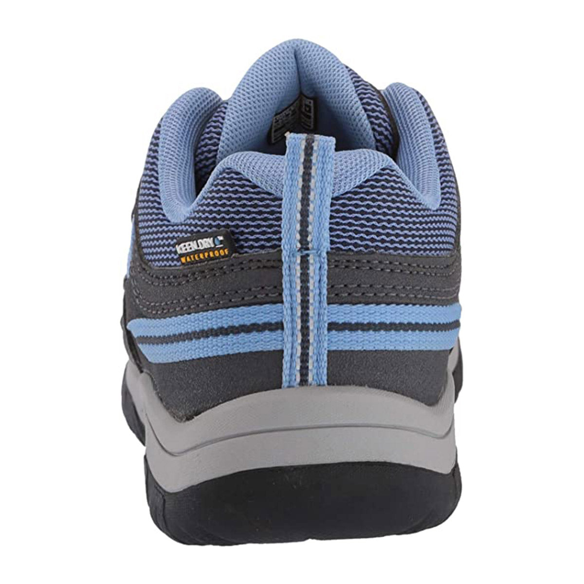 Rear view of a blue and gray Keen Targhee Low Waterproof Della Blue kid&#39;s hiking shoe with a pull tab.