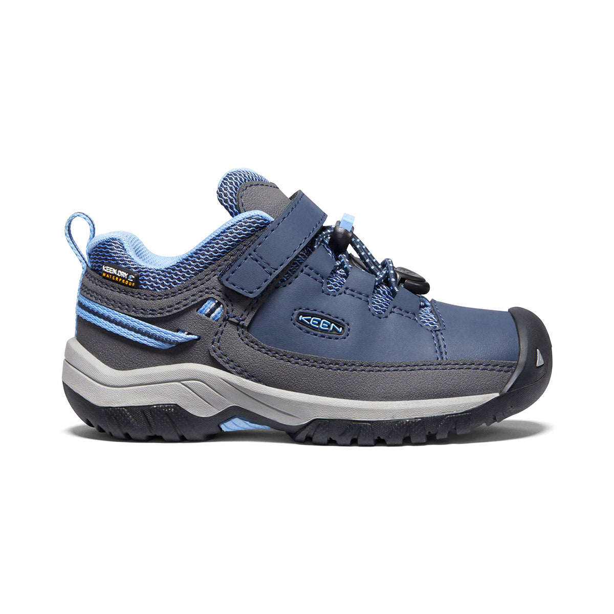A child's blue and gray waterproof leather Keen Targhee Low kid's shoe against a white background.