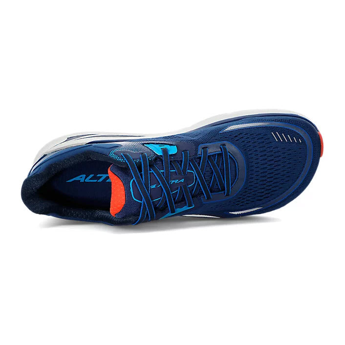 A single blue Altra Paradigm 6 Estate Blue running shoe with orange accents viewed from the side, featuring a FootShape toe box.
