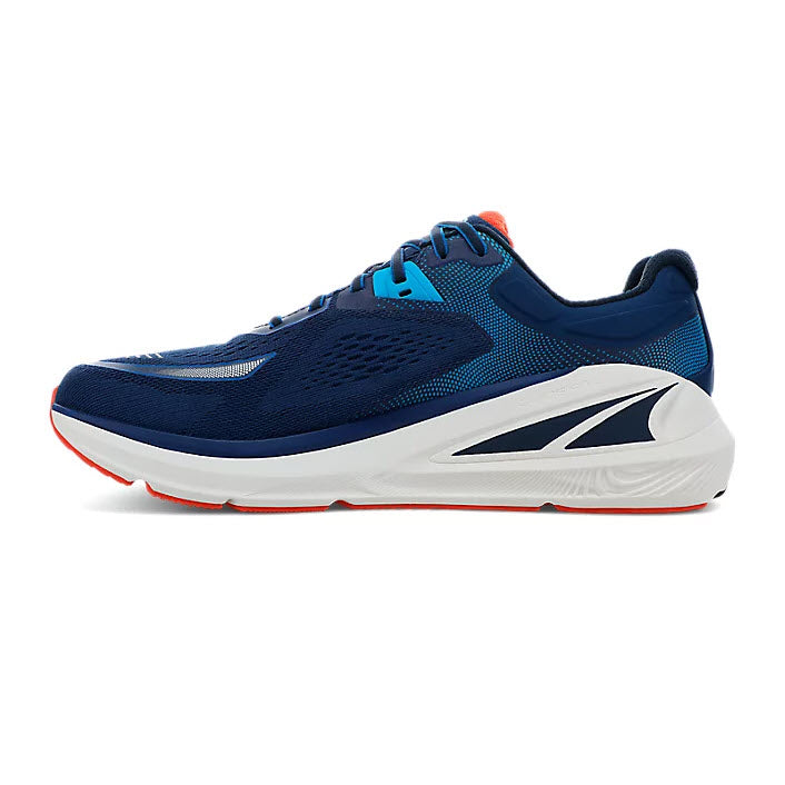 Blue and white Altra Paradigm 6 running shoe with orange accents, featuring the FootShape toe box.