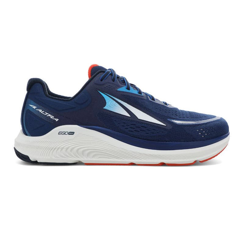 Blue and white Altra Paradigm 6 running shoe with cushioned sole and brand logo on the side, featuring a FootShape toe box.
