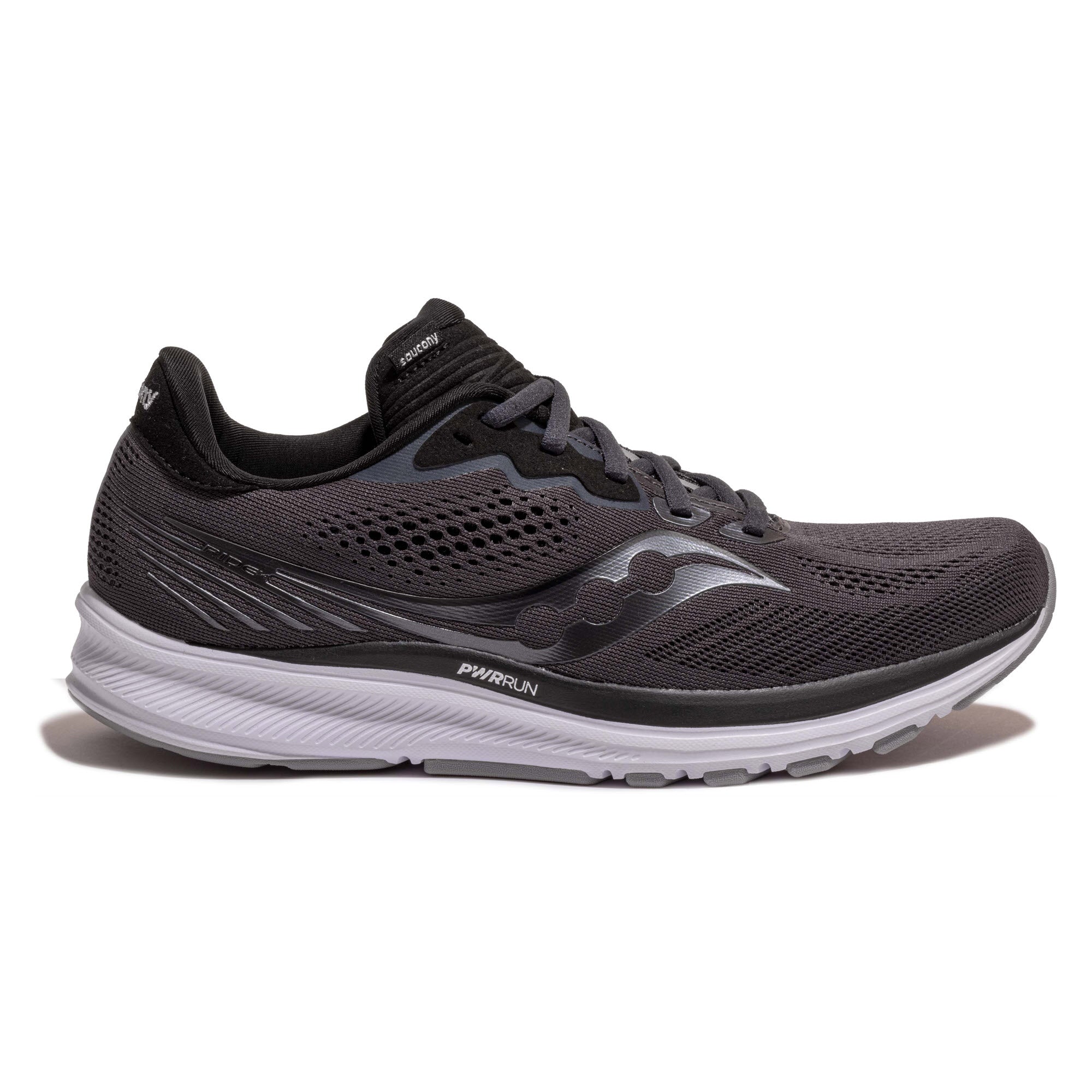 A single black Saucony Ride 14 Charcoal / Black running shoe with PWRRUN cushioning and a white sole on a white background.