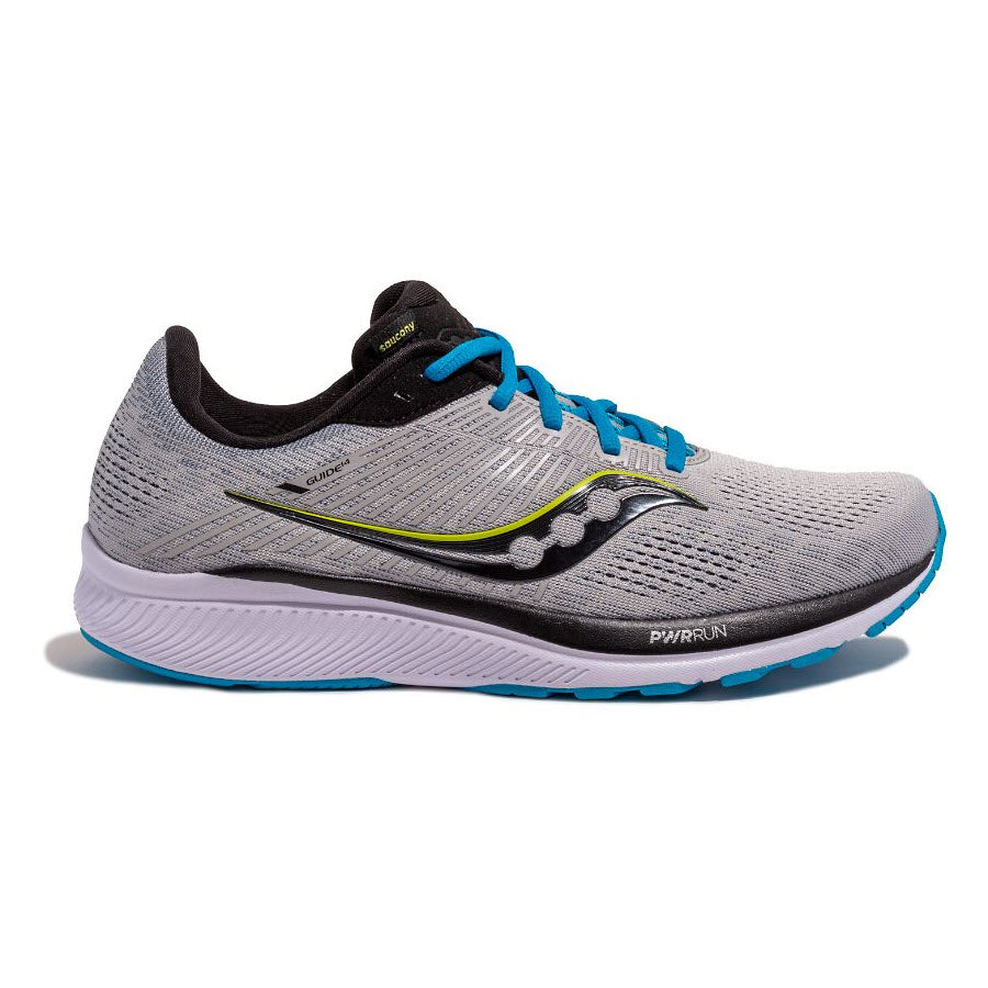 A single gray Saucony Guide 14 Alloy/Cobolt stability running shoe with blue and neon green accents on a white background.