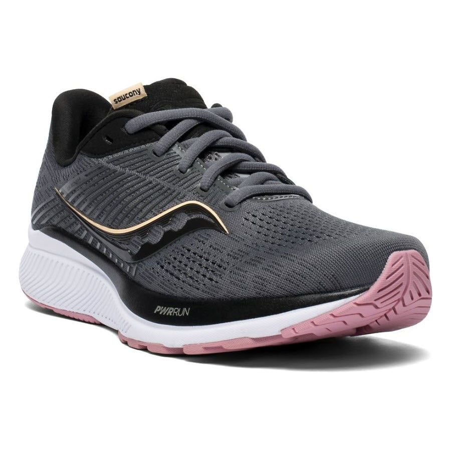 A single black and pink Saucony Guide 14 running shoe with stability technology for road training on a white background.