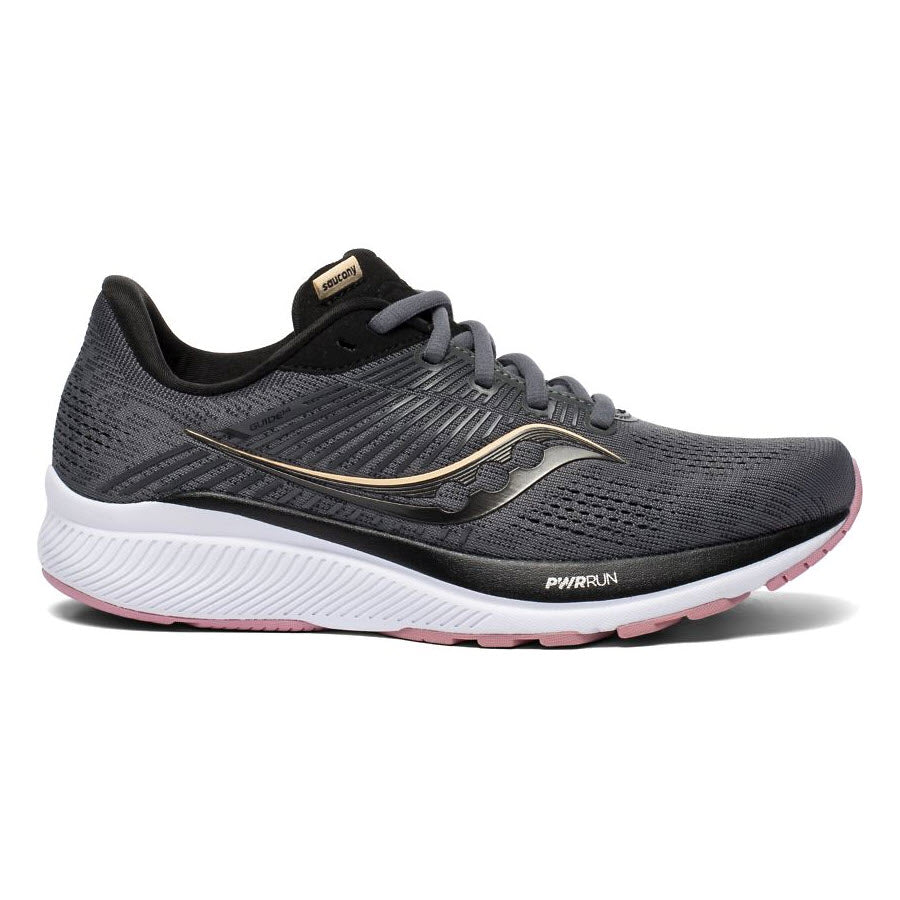 A single black and gray Saucony Guide 14 running shoe with a white sole and the word &quot;pwrun&quot; on the side, featuring stability technology.
