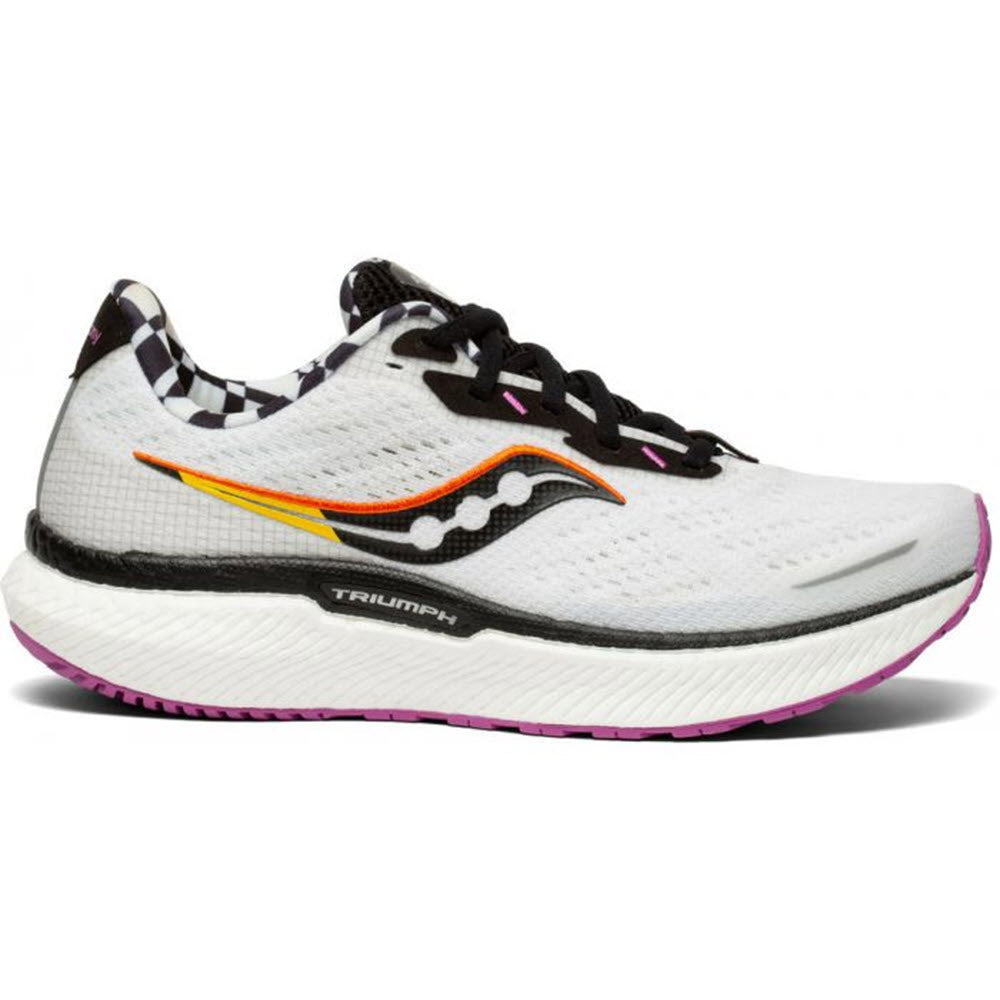 Side view of a white Saucony Triumph 19 Reverie running shoe with black laces, featuring an orange logo and purple accents on the sole. This Saucony Triumph 19 Reverie also boasts an engineered mono-mesh upper for superior.
