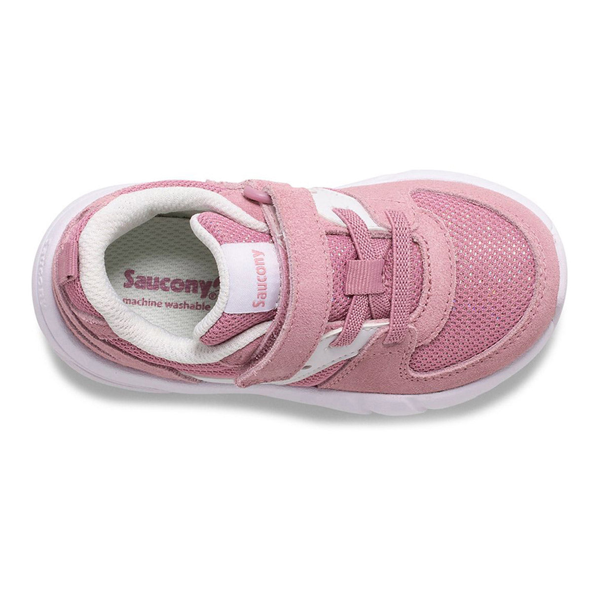 Top view of a child&#39;s pink Saucony Jazz Lite 2.0 Blush sneaker with retro design and alternative closure velcro straps.