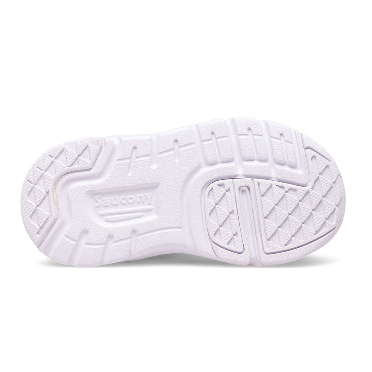 White Saucony Jazz Lite 2.0 Blush running shoe sole displaying tread pattern, brand logo, and alternative closure.