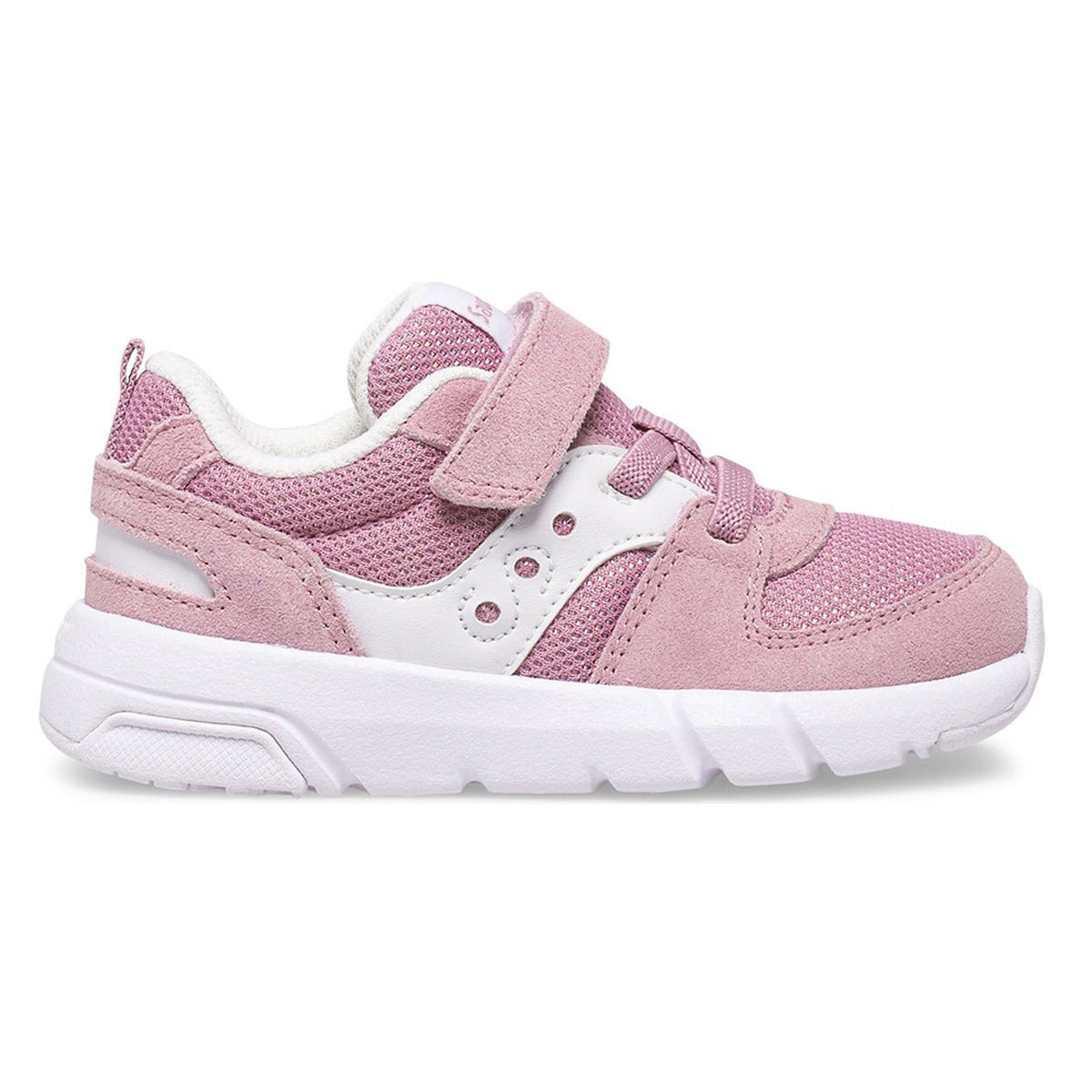 A child&#39;s Saucony Jazz Lite 2.0 Blush sneaker with an alternative closure and a white sole.