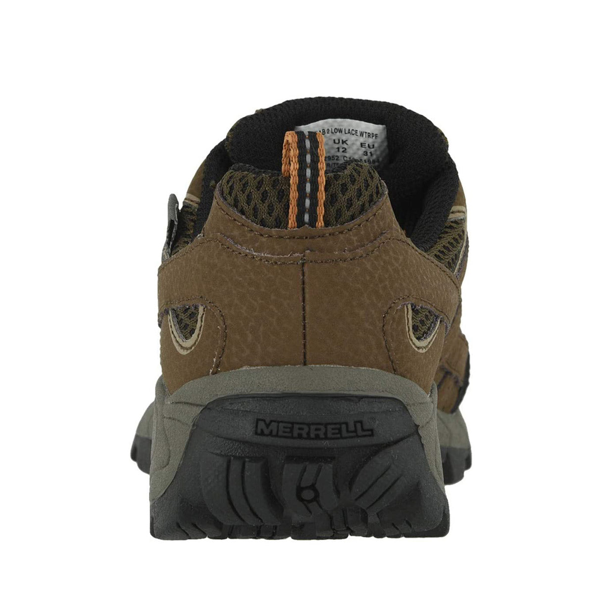 Rear view of a brown Merrell Moab 2 Low Lace waterproof Earth hiking shoe showing the heel, tread design, and brand logo.