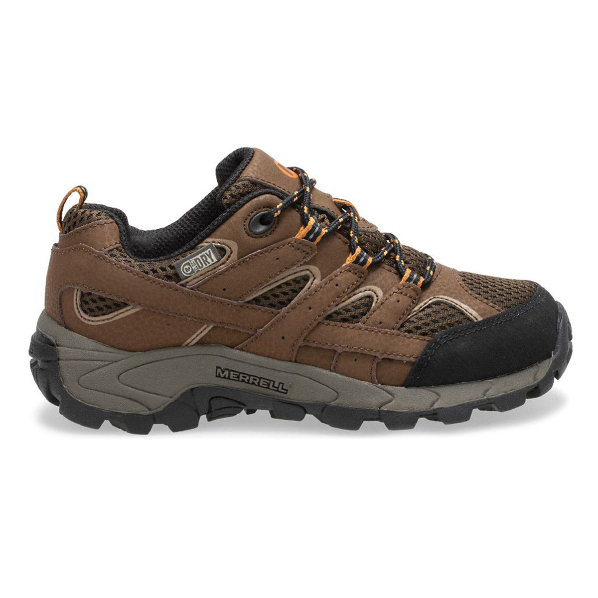A single brown Merrell Moab 2 Low Lace waterproof Earth hiking shoe on a white background.