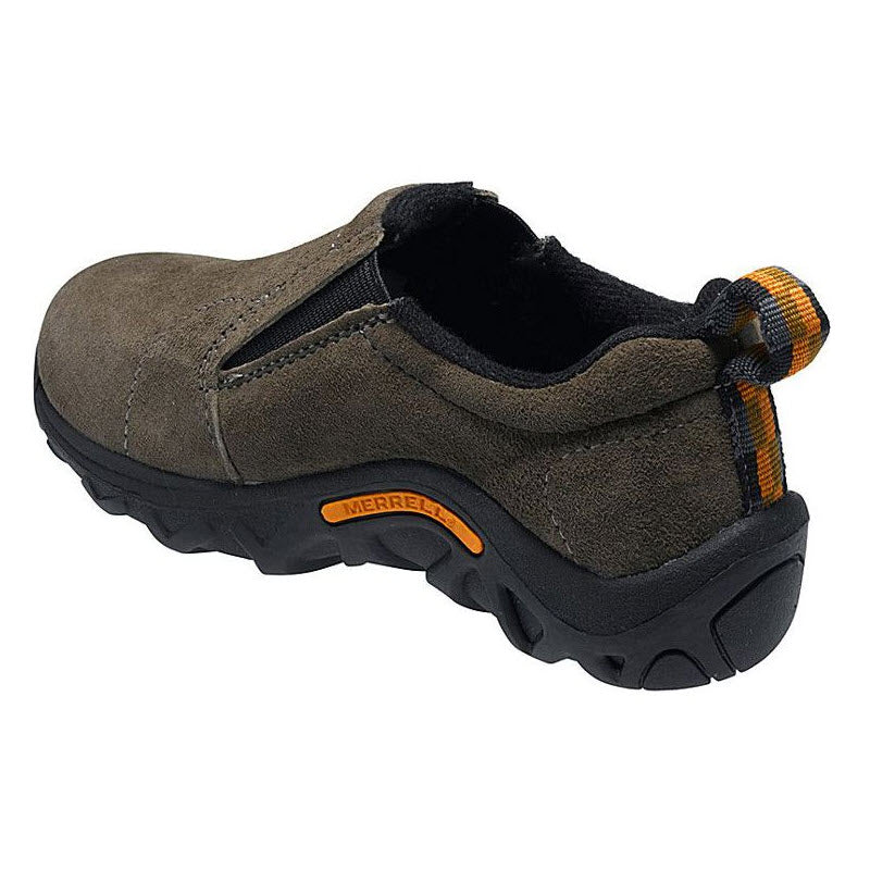 A single brown suede clog with a velcro strap and black Merrell M Select™ GRIP rubber sole.