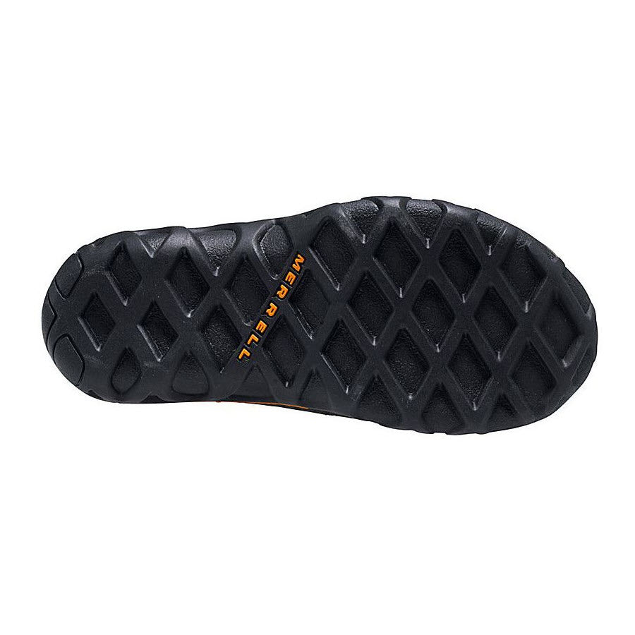 The sole of a black slip-on Merrell shoe with a diamond tread pattern and orange text detail.