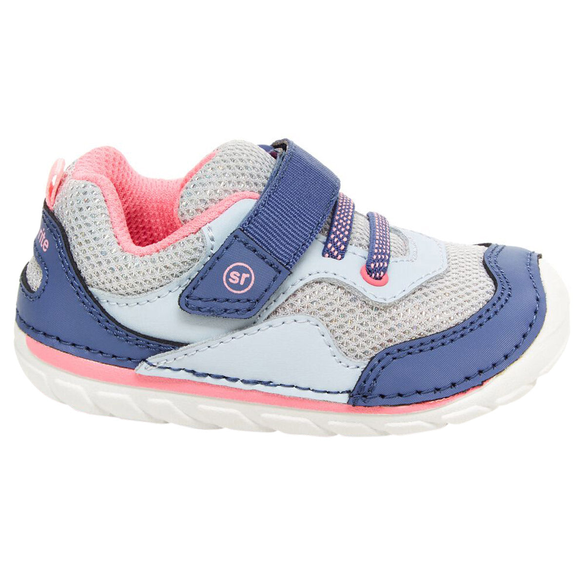 Child's Stride Rite blue and pink toddler sneaker with velcro strap isolated on a white background.