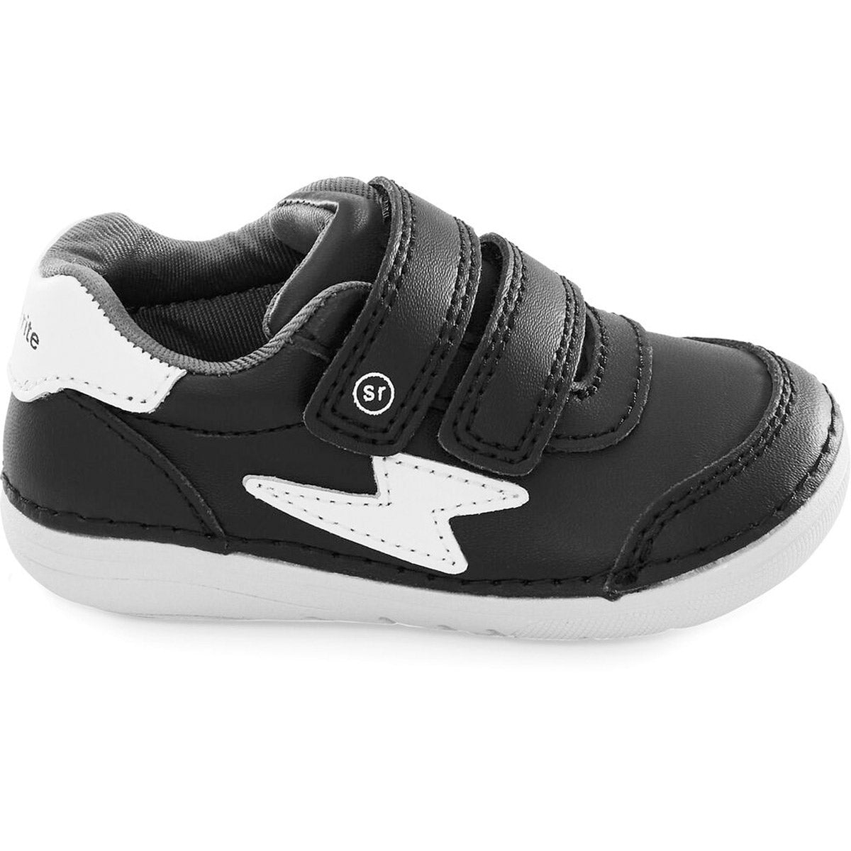 A single black and white Stride Rite SM Kennedy Black - Kids toddler&#39;s shoe with memory foam insoles and velcro straps.