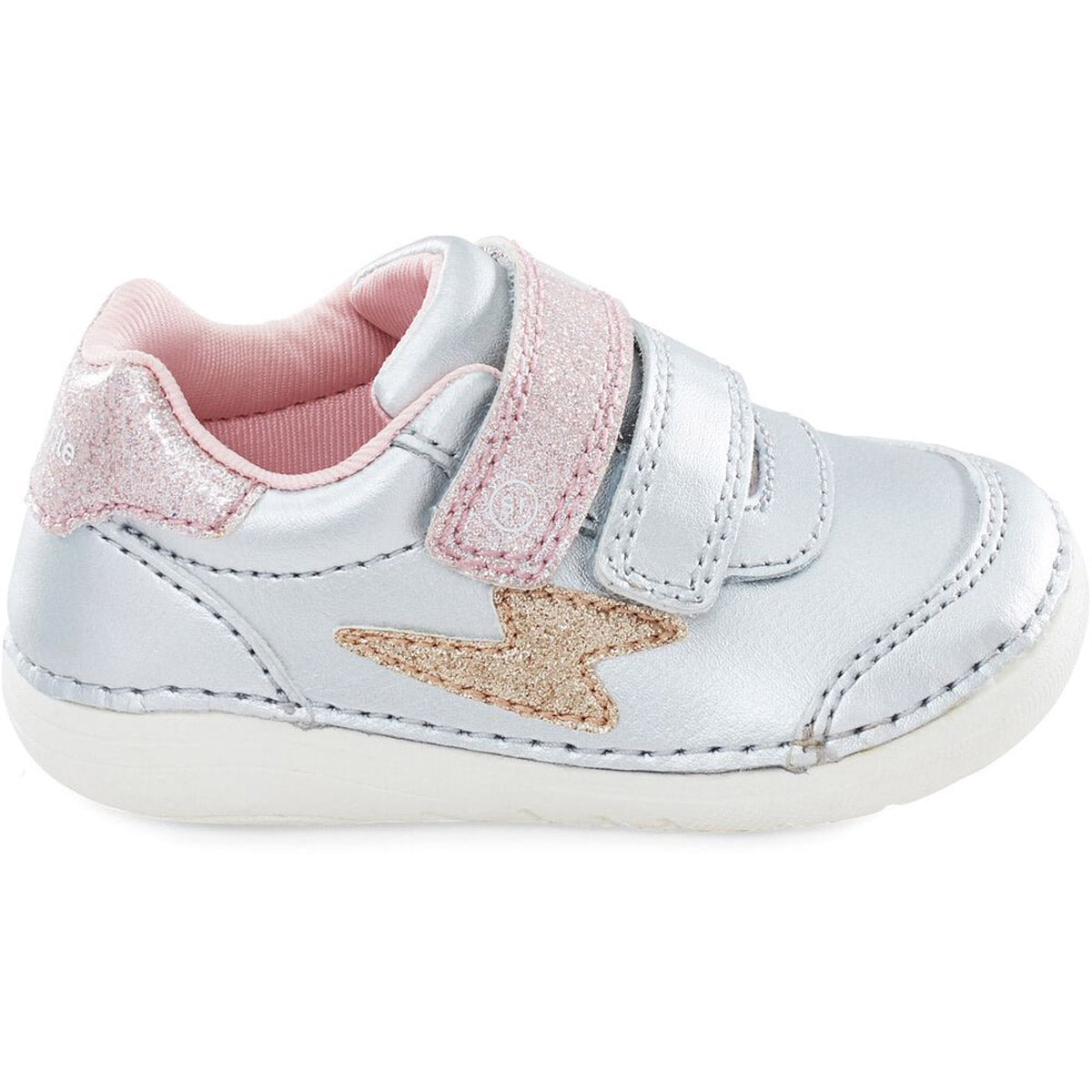 A child&#39;s Stride Rite SM Kennedy Silver Multi sneaker with an adjustable double hook and loop closure and pink accents.