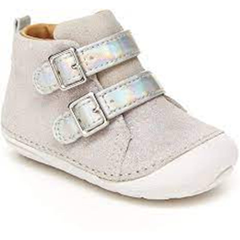 A single beige Stride Rite Vera Violet Shadow toddler first walker shoe with double buckle straps.