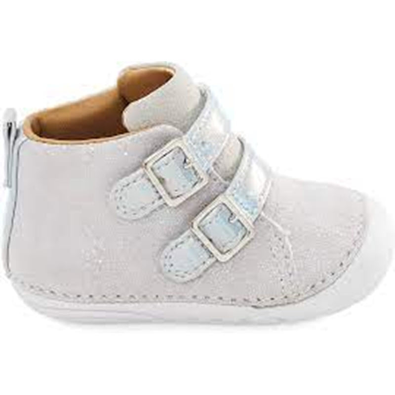 APMA approved white toddler Stride Rite Vera Violet Shadow first walker shoe with buckle fastenings on a white background.