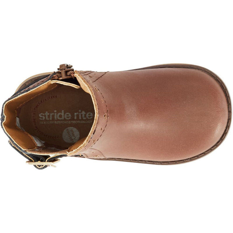 Top view of a child&#39;s brown leather Stride Rite SRT Agnes boot with a zipper closure and contoured insole.