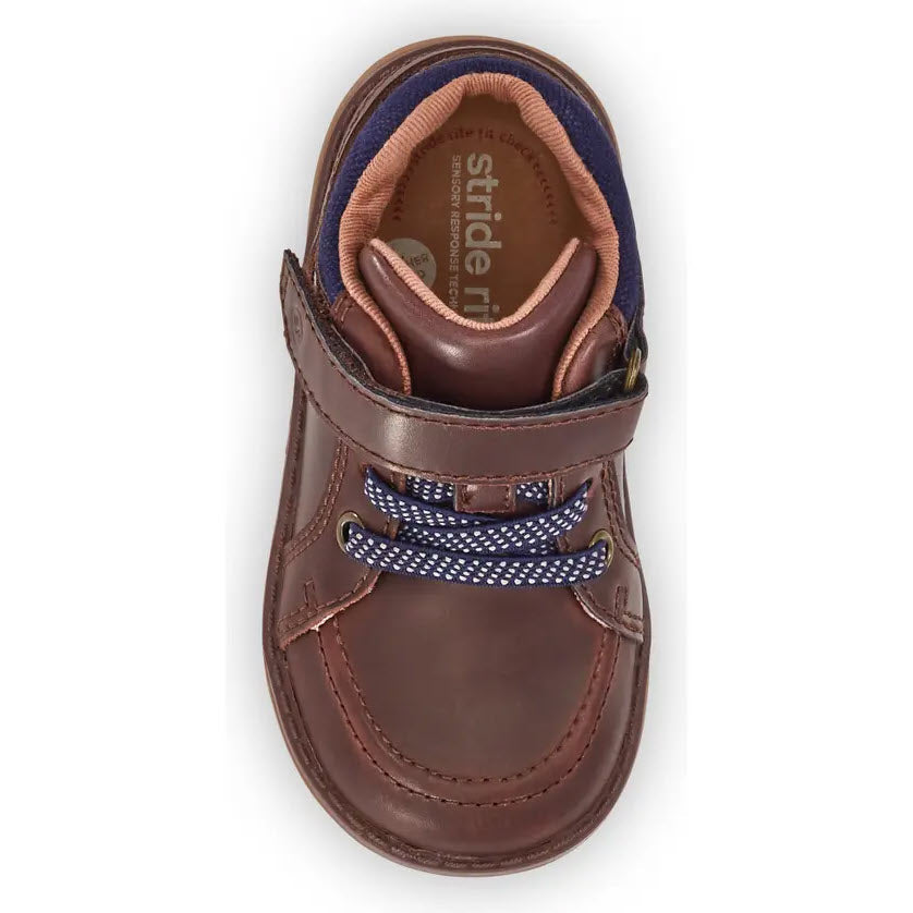 A single brown toddler&#39;s Stride Rite Anders Brown - Kids shoe with blue accents and a strap closure, making it easy on-and-off.